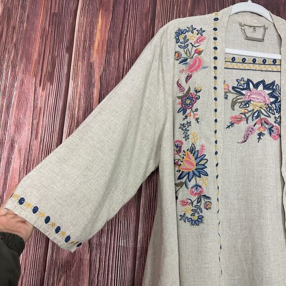 Paparazzi Womens Kimono Jacket Embroidered Open Front Beige Linen Blend Size XL - Picture 5 of 8